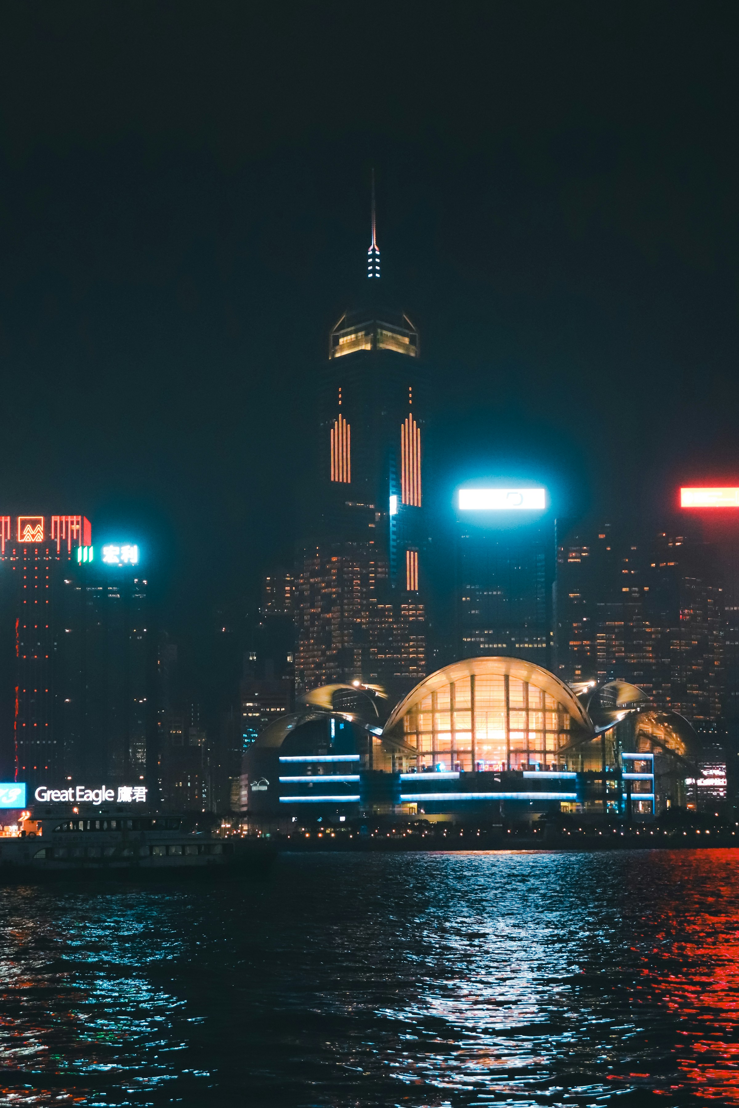 Hong Kong skyline at night over Victoria Harbour, Wan Chai